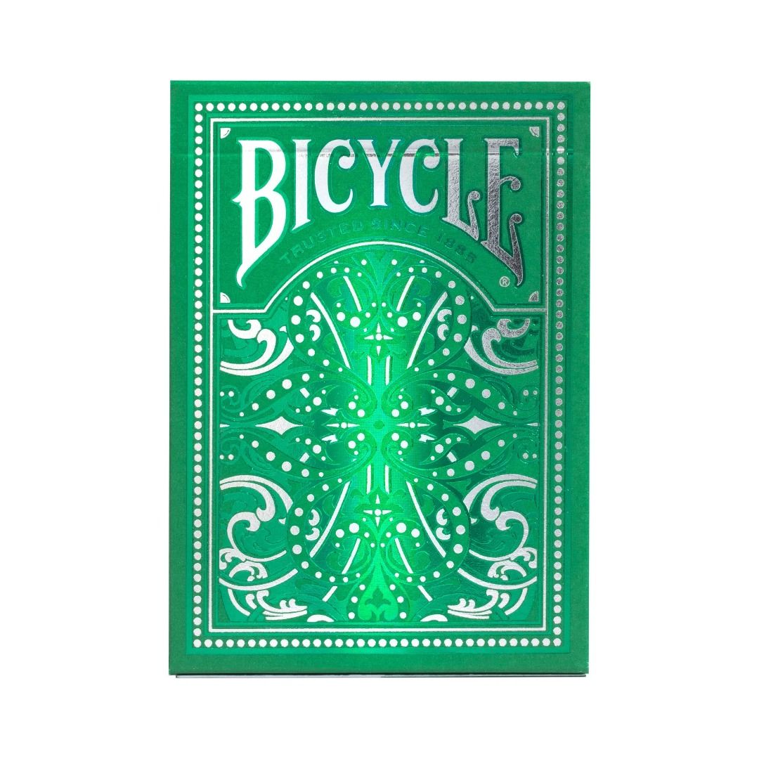 Bicycle Jacquard Playing Cards (Category: Board Games & Puzzles) located in Quezon City. Submitted by vdecks (Listing ID 1338487702, Image 1). Description: Bicycle Jacquard gets its design inspiration from complex, ornate patterns often woven into fabric resulting in beautiful displays. The Bicycle Jacquard tuck case features emerald green and silver foil details woven throughout creating a dazzling and dramatic appeal. Just as Jacquard machines 