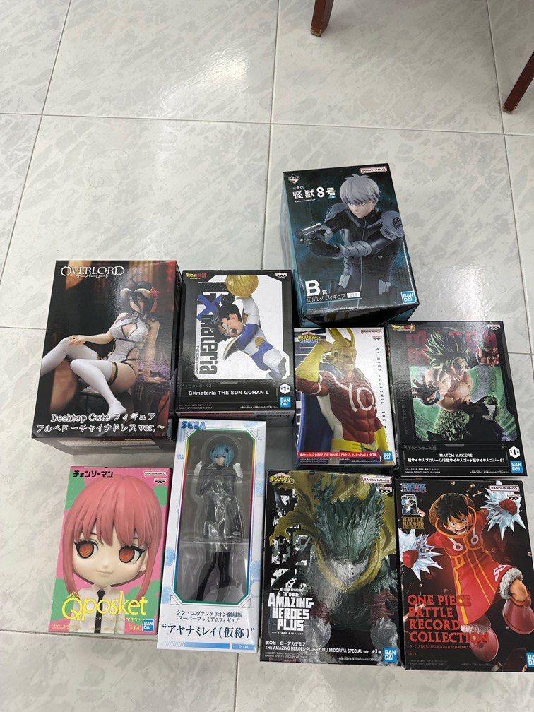 Claw Machine wins straight from Japan (Bandai Namco) (Category: Interactive Toys) located in Singapore. Submitted by overworkedundergrad (Listing ID 1338507576, Image 1). Description: All WON from Japan! Luffy - 25 Midoriya - 25 SOLD Ayamami Rei - 25 Broly - 25 Albedo - 28 Kaiju no. 8 Ichikawa - 40 Son Gohan - 25 All Might - 28 Makima - 15.