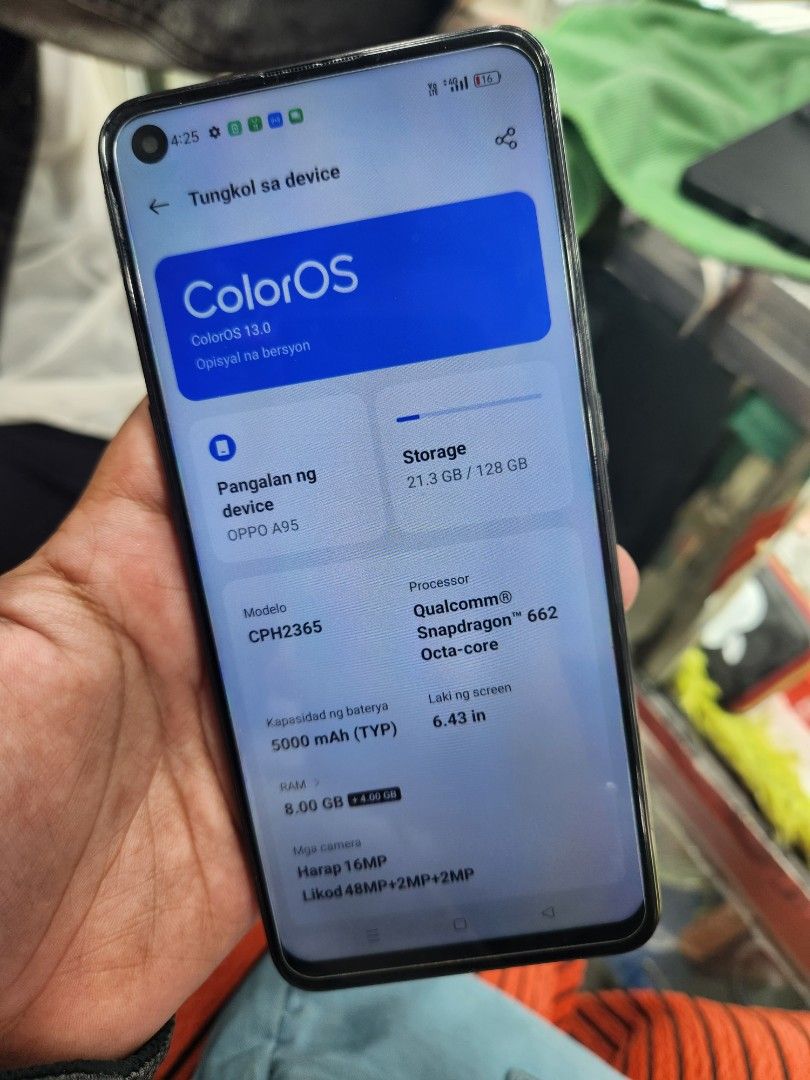 OPPO A95 8+4gb/128gb (Category: OPPO) located in Manila. Submitted by lucky.charm.gadgets (Listing ID 1338547655, Image 3). Description: OPPO A95 8+4gb/128gb GOODS PANG BACK UP PHONE NTC APPROVED NOTE* REPLACE LCD HINDI NA ORIGINAL KAYA MURA BAKA MAY ORIG LCD KA JAN PEDE NATO SAYO . GOOD BOARD UNLI RESET TEST TO SAWA BAGO BAYARAN.