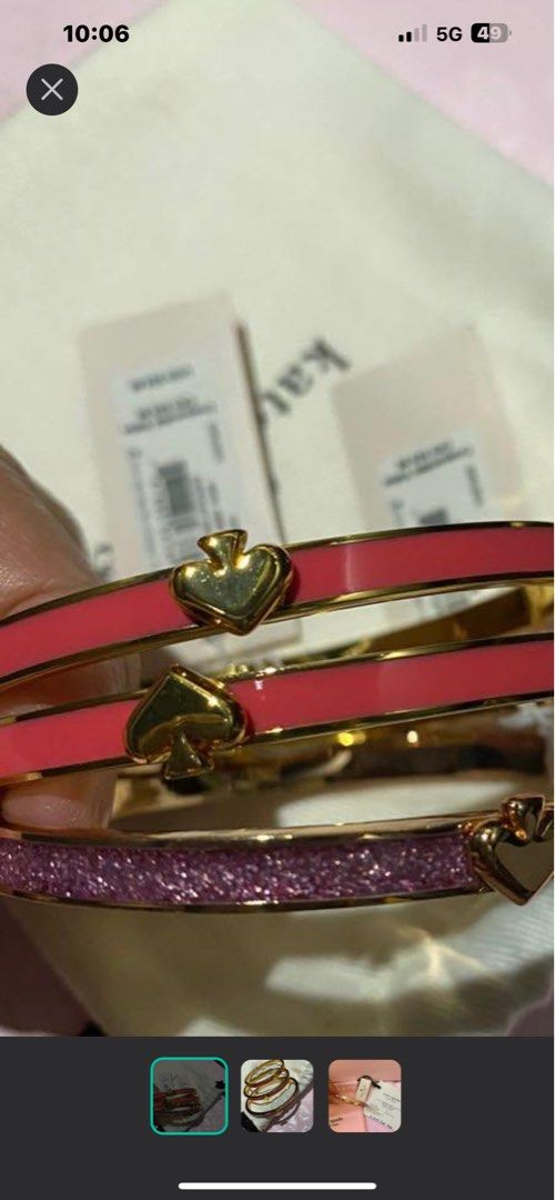 Original kate spade from US (Category: Bracelets) located in Manila. Submitted by hellokittyme99 (Listing ID 1338608928, Image 1). Description: Authentic bangle bought in US. Kate spade. Original long lasting. Super nice. With tag and paper bag. mop gcash. Delivery via door to door jnt.