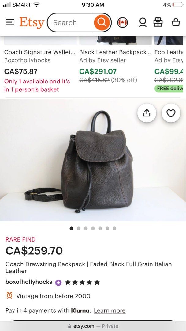 Vintage coach black leather backpack top