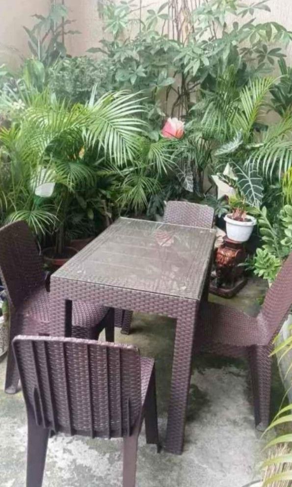rattan table and chairs with glass (Category: Tables & Sets) located in Manila. Submitted by lunaaa25 (Listing ID 1338588752, Image 1). Description: rattan table and chairs with glass on hand brand new sale sale sale same day deliver cod gcash.