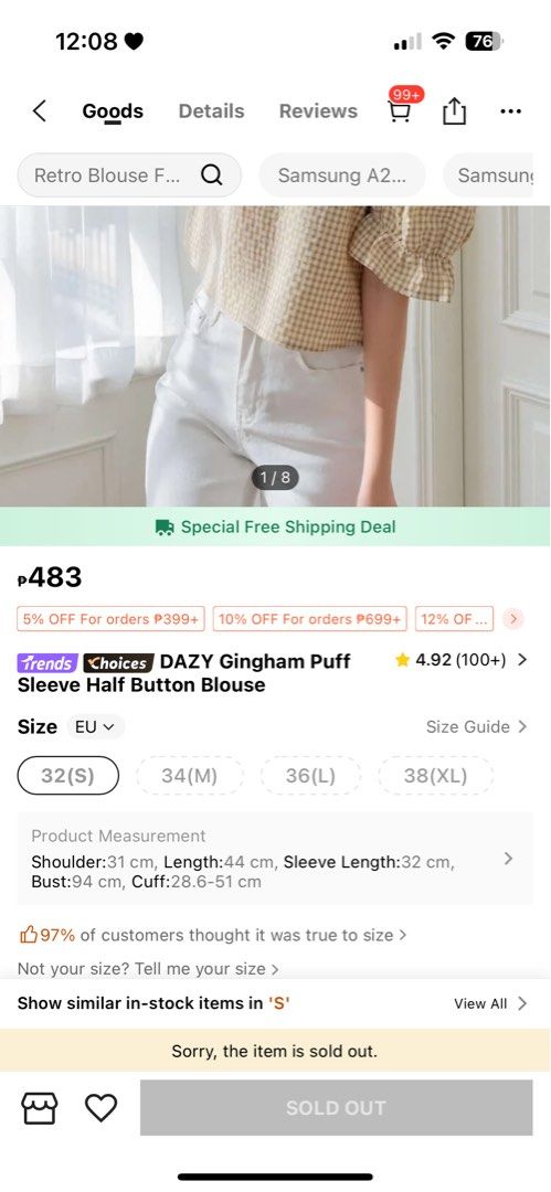 [SHEIN] DAZY Gingham Puff Sleeve Half Button Blouse (Category: Blouses) located in Paranaque City. Submitted by jashideclutter (Listing ID 1338503844, Image 2). Description: - used once. - still in good condition. - size: m - color: apricot mop: gcash/bdo mod: lalamove or j&t 📍Parañaque City.