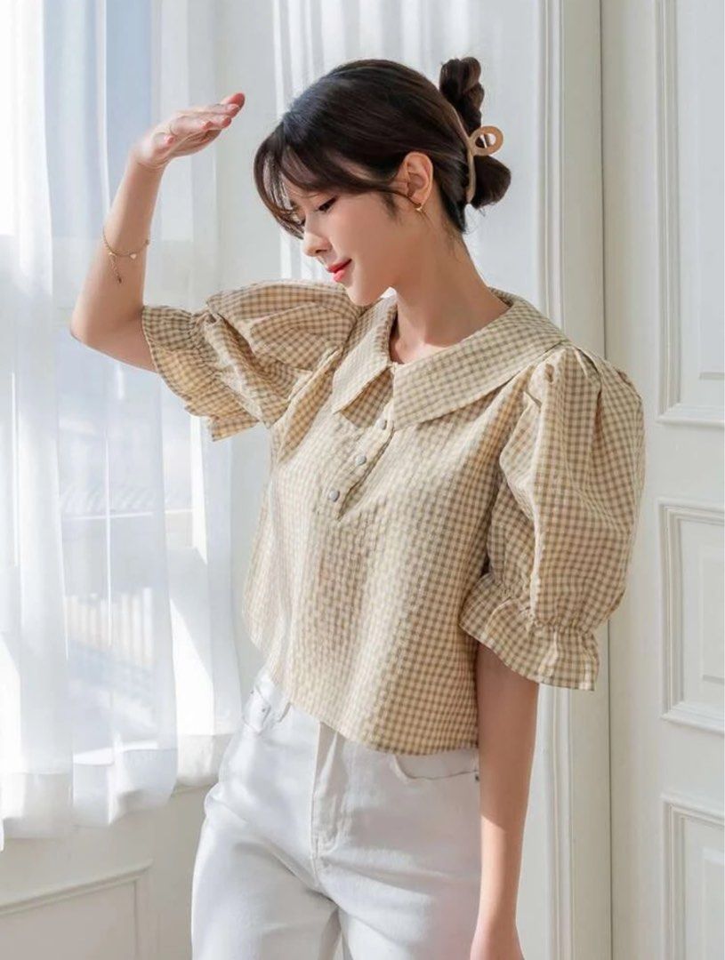 [SHEIN] DAZY Gingham Puff Sleeve Half Button Blouse (Category: Blouses) located in Paranaque City. Submitted by jashideclutter (Listing ID 1338503844, Image 1). Description: - used once. - still in good condition. - size: m - color: apricot mop: gcash/bdo mod: lalamove or j&t 📍Parañaque City.