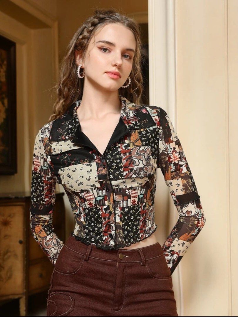 [SHEIN] Patchwork Print Button Front Lettuce Trim Shirt (Category: Blouses) located in Paranaque City. Submitted by jashideclutter (Listing ID 1338503251, Image 1). Description: - used once. - still in good condition. - size: s mop: gcash/bdo mod: lalamove or j&t 📍Parañaque City.