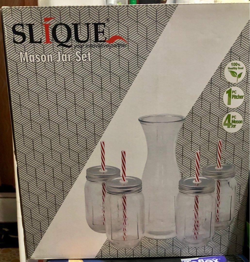Slique Mason Jar Set (Category: Pitchers & Dispensers) located in Quezon City. Submitted by polluxfineshop (Listing ID 1338503969, Image 1). Description: Slique Mason Jar Set Mason jars with metal lid and plastic straw Capacity pitcher 1000 ml, mason jar 450 ml.