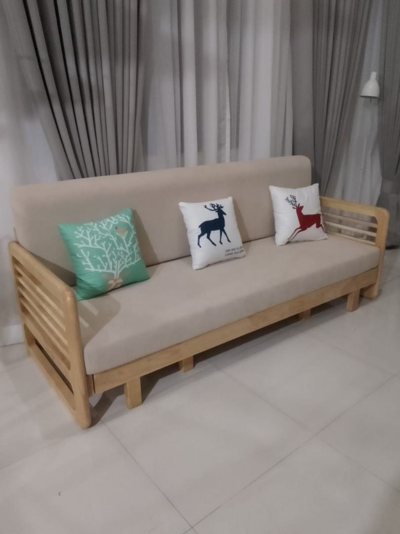 Sofa Bed Solid wood (Category: Sofas) located in Manila. Submitted by kaden_chicvista (Listing ID 1338566573, Image 1). Description: solid Thailand Rubberwood Sofa Bed washable cushion covers very sturdy 3 to 4 seaters available : wood and walnut Sofa bed, the color of the soft backrest can be selected by contacting customer service . There are 2 armrests to choose from. Size/s: 200cm (78in) * 80cm (31in) * H88cm (34in) = ₱ 23,000 .