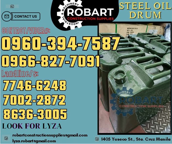 Steel Oil Drum (Category: Construction Tools & Equipment) located in Manila. Submitted by lyzarobart11 (Listing ID 1338492425, Image 1). Description: Steel Oil Drum Code: YT-C-03 Capacity: 20L 𝑹𝑶𝑩𝑨𝑹𝑻 𝑪𝑶𝑵𝑺𝑻𝑹𝑼𝑪𝑻𝑰𝑶𝑵 𝑺𝑼𝑷𝑷𝑳𝑰𝑬𝑺 𝒪𝒻𝒻𝒾𝒸𝑒 𝒜𝒹𝒹𝓇𝑒𝓈𝓈: 𝟣𝟦𝟢𝟧 𝒴𝓊𝓈𝑒𝒸𝑜 𝒮𝓉. 𝒮𝓉𝒶 𝒞𝓇𝓊𝓏 𝑀𝒶𝓃𝒾𝓁𝒶 ꜱᴇɴᴅ ᴜꜱ ᴍᴇꜱꜱᴀɢᴇ ꜰᴏʀ ɪɴQᴜɪʀɪᴇꜱ ‼️ ‼️ ɢʟᴏʙᴇ: (0966-827-7091) ꜱᴍʀᴛ - (0960-394-7587) ᴠɪʙʀ - (0960-394-7587) ʟᴀɴᴅʟɪɴᴇ: (