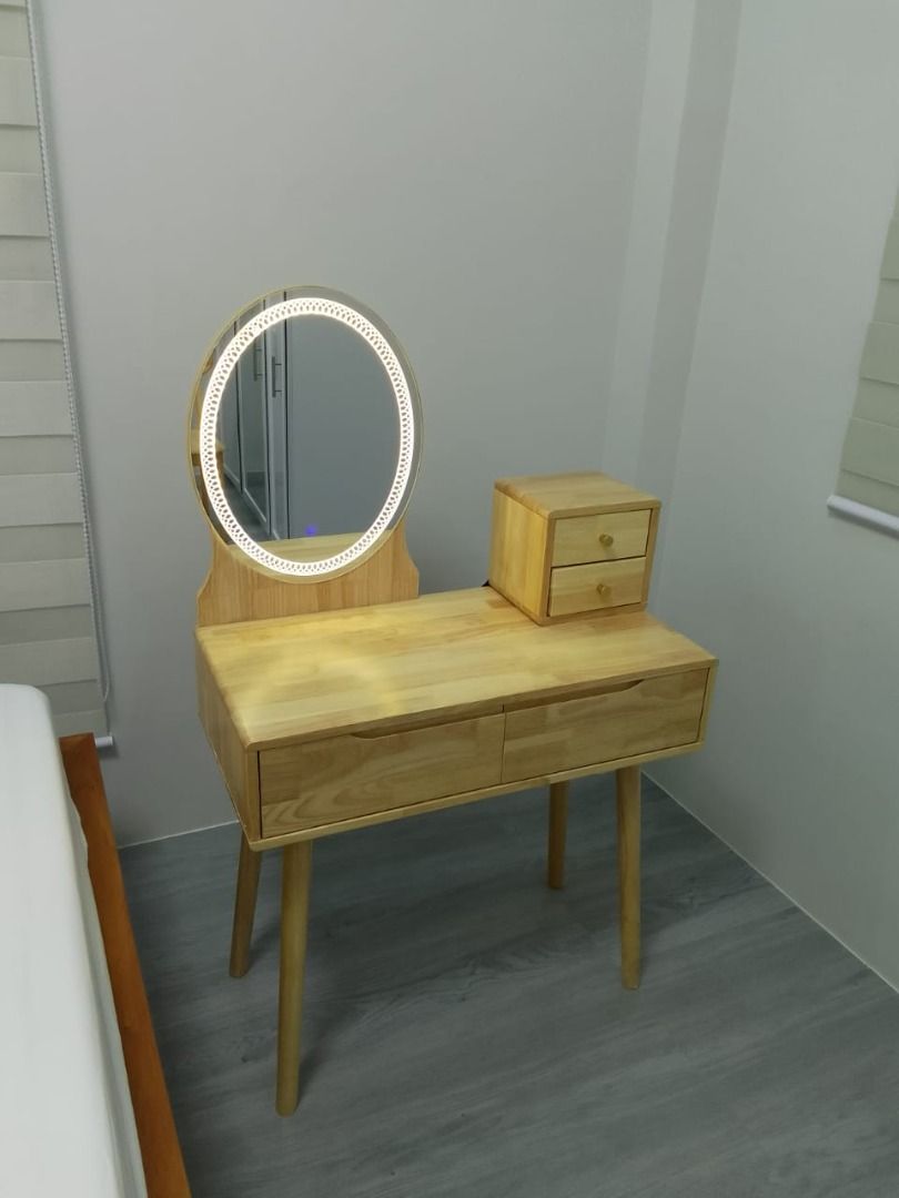 Vanity dress table (Category: Tables & Sets) located in Manila. Submitted by kaden_chicvista (Listing ID 1338554701, Image 1). Description: It can not only replace small furniture such as bedside tables for storage, but also modify the corner made with solid Thailand Rubber wood , Excellent Quality material with lights available in wood , wanut and white .