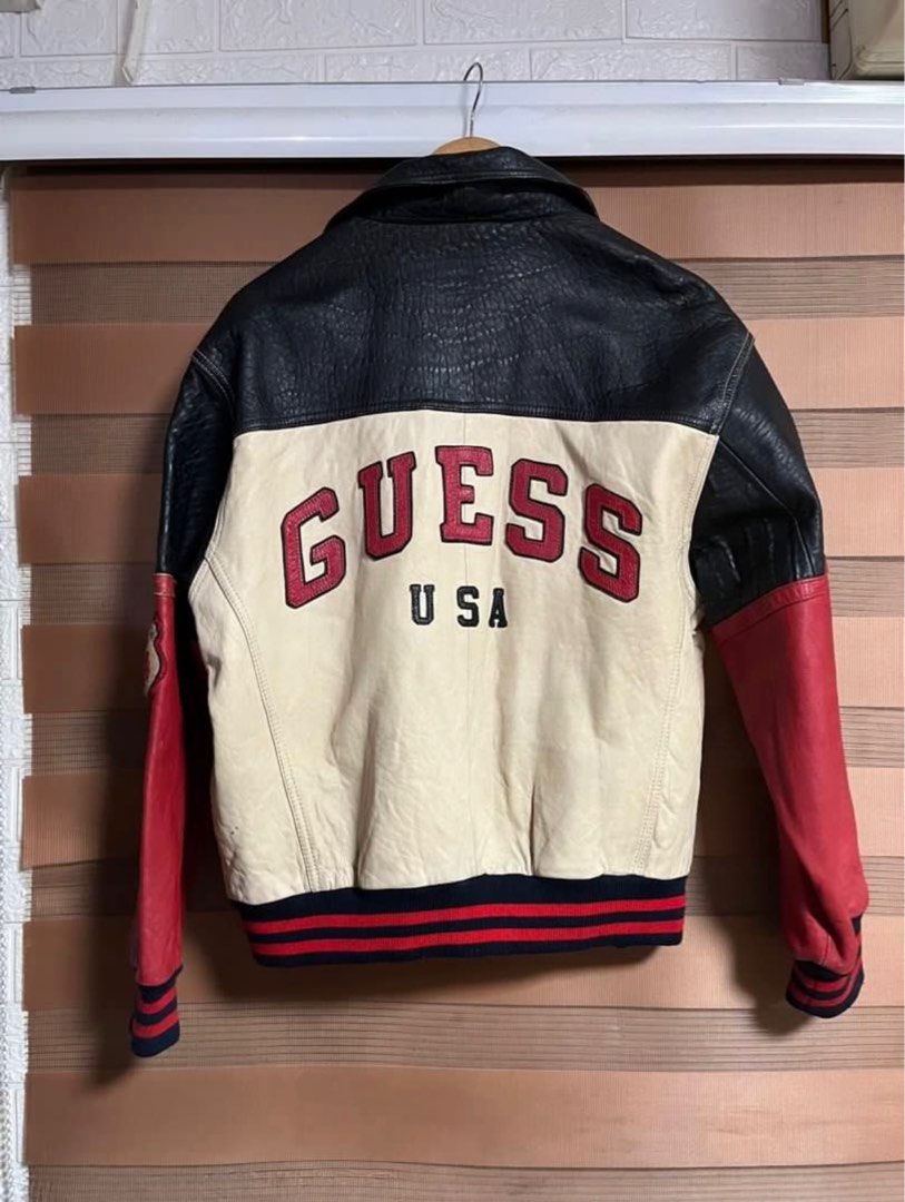 Vintage Guess Leather Letterman Jacket Men s Fashion Coats Jackets and Outerwear on Carousell