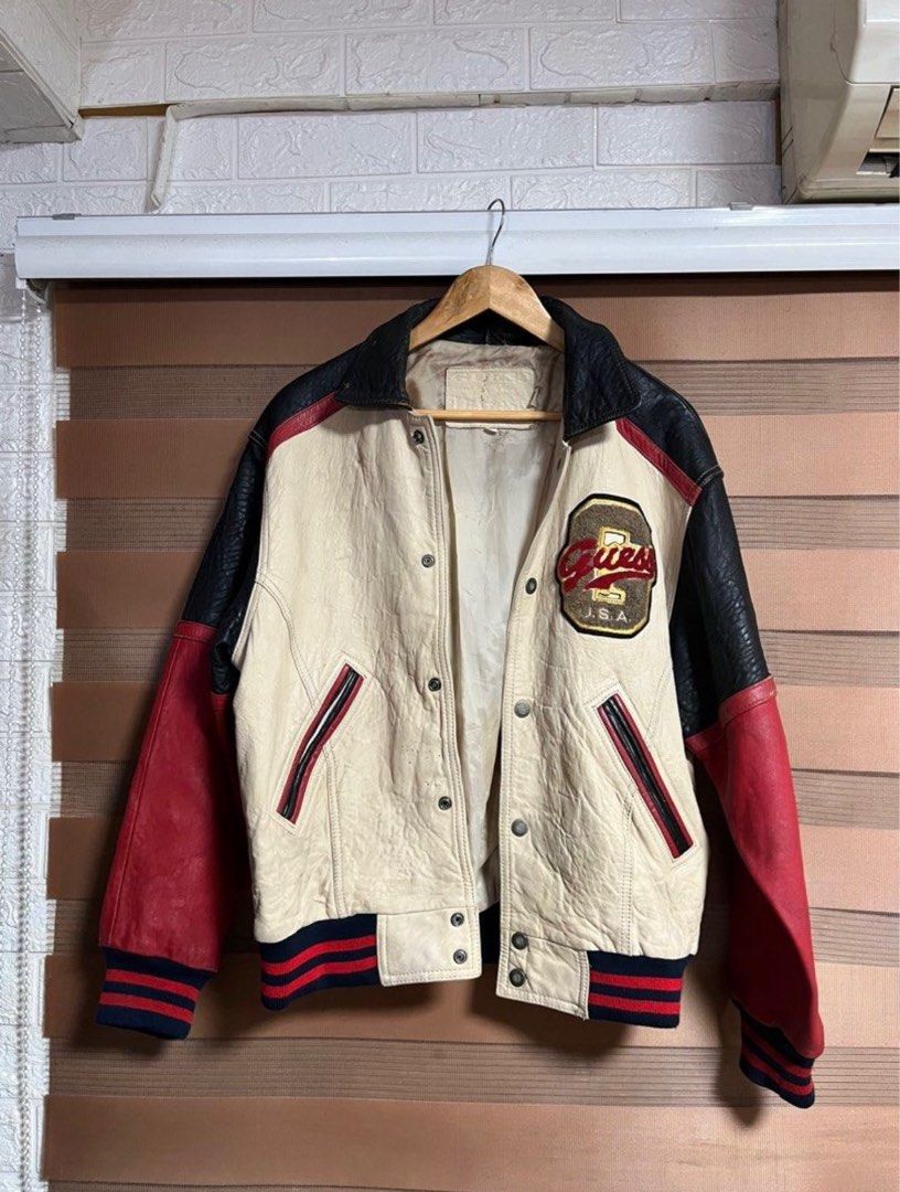 Vintage Guess Leather Letterman Jacket Men s Fashion Coats Jackets and Outerwear on Carousell