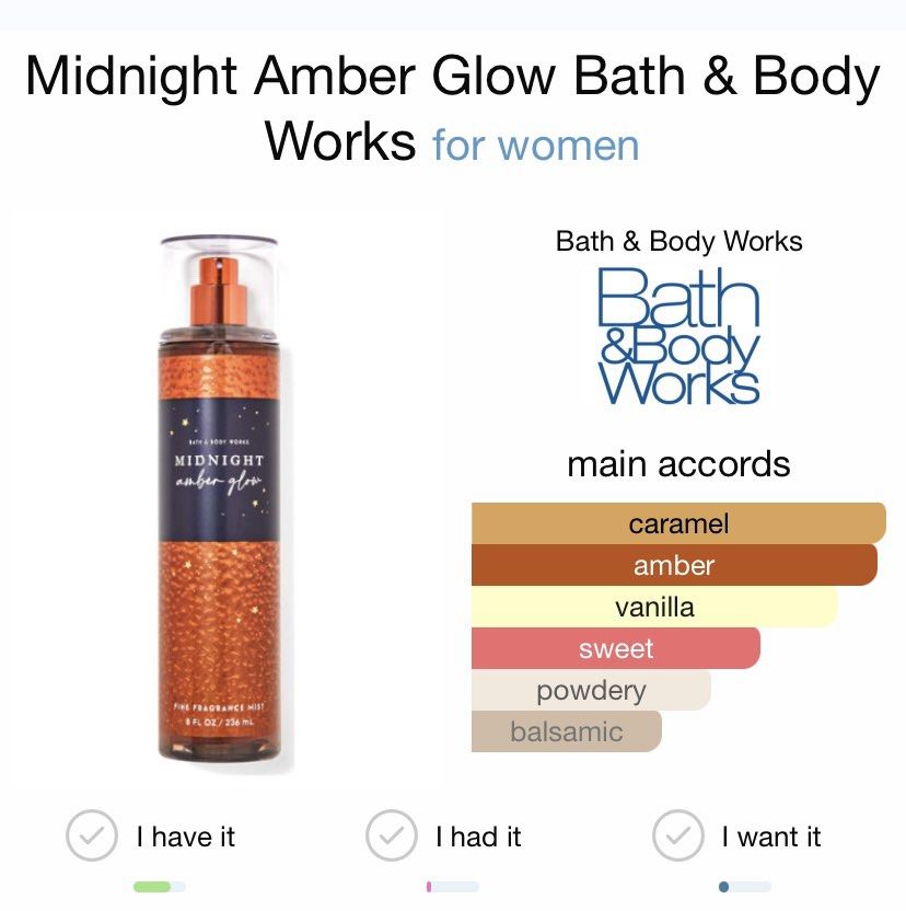 Bath & Body Works BBW Midnight Amber Glow (Category: Fragrance & Deodorants) located in Las Pinas. Submitted by dafortu (Listing ID 1338815792, Image 2). Description: 100% authentic rfs: too many perfumes.