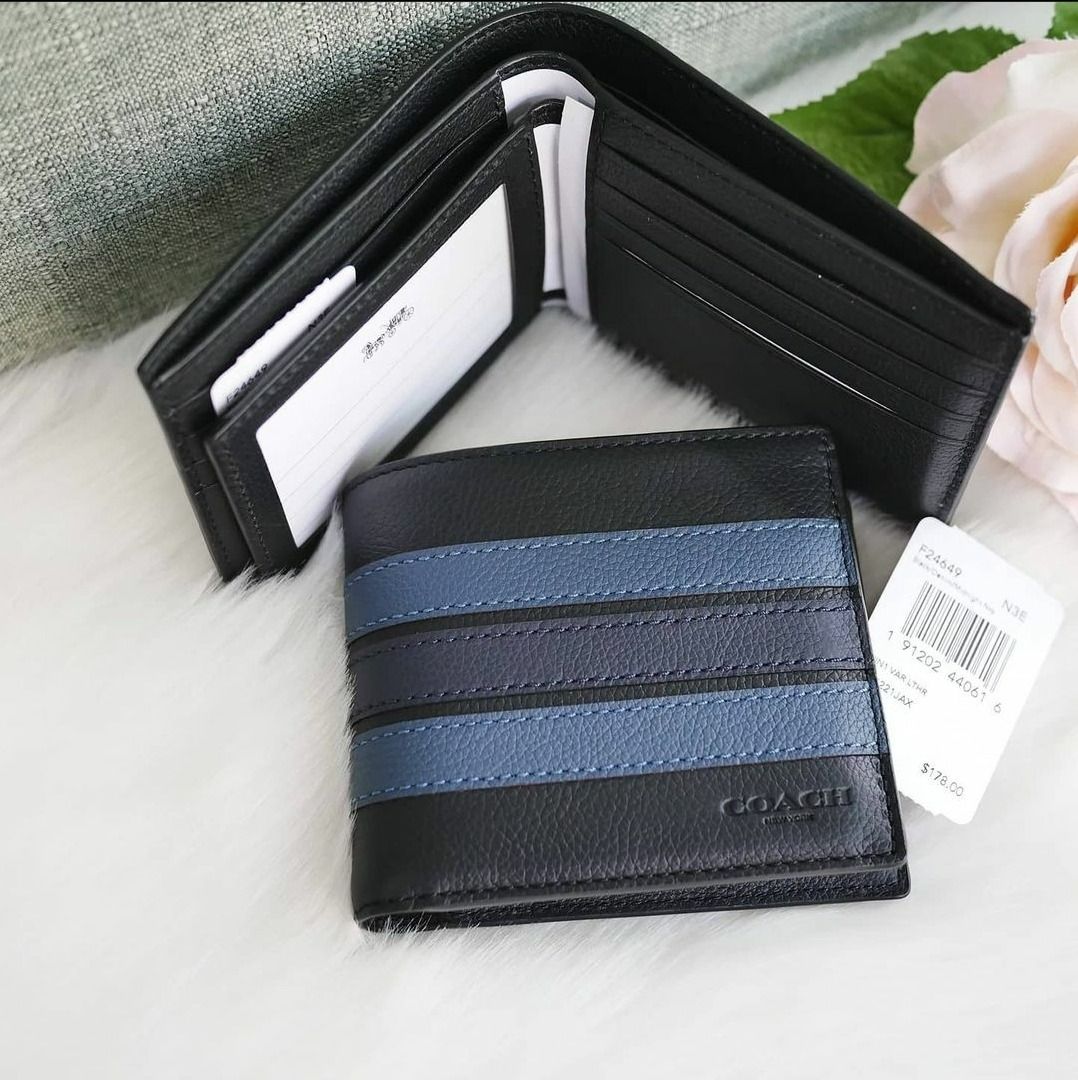 Coach F24649 Bifold 3 in 1 Compact ID Wallet in Smooth Calf Leather with Varsity Stripe Men s Wallet Men s Fashion Watches Accessories Wallets Card Holders on Carousell