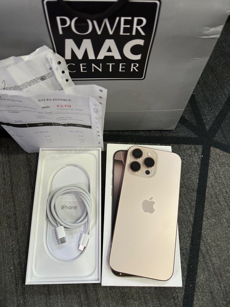 Iphone 16 promax 512 gb desert titanium (Category: iPhone 16 Series) located in Valenzuela. Submitted by elizesteff (Listing ID 1338723020, Image 2). Description: Iphone 16 promax 512 gb Desert titanium Bought in powermac with receipt Factory unlock 1 month old Open for swap in lower unit plus cash Swapping price is higher than selling price.