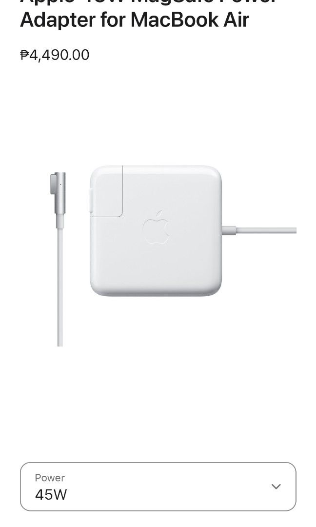 Macbook air 45w magsafe power adapter (Category: Chargers) located in Quezon City. Submitted by prelovedisle.ph (Listing ID 1338768296, Image 1). Description: Original macbook air 45w magsafe power adapter. Like new condition with box. Retails at P4,490. Selling low. Bought from Japan. Rfs, not compatible with my macbook. Wysiwyg. #macbookaircharger #45wmagsafepoweradapter #macbookcharger.