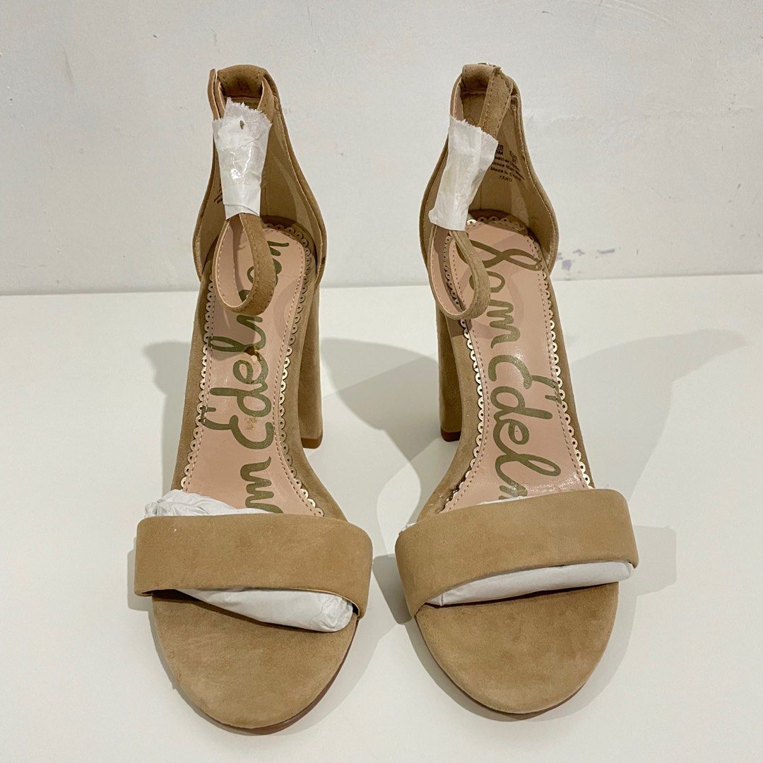 Sam Edelman Yaro Sandal Womens Open Toe Shoes Oatmeal Suede Ankle Strap Block Heel