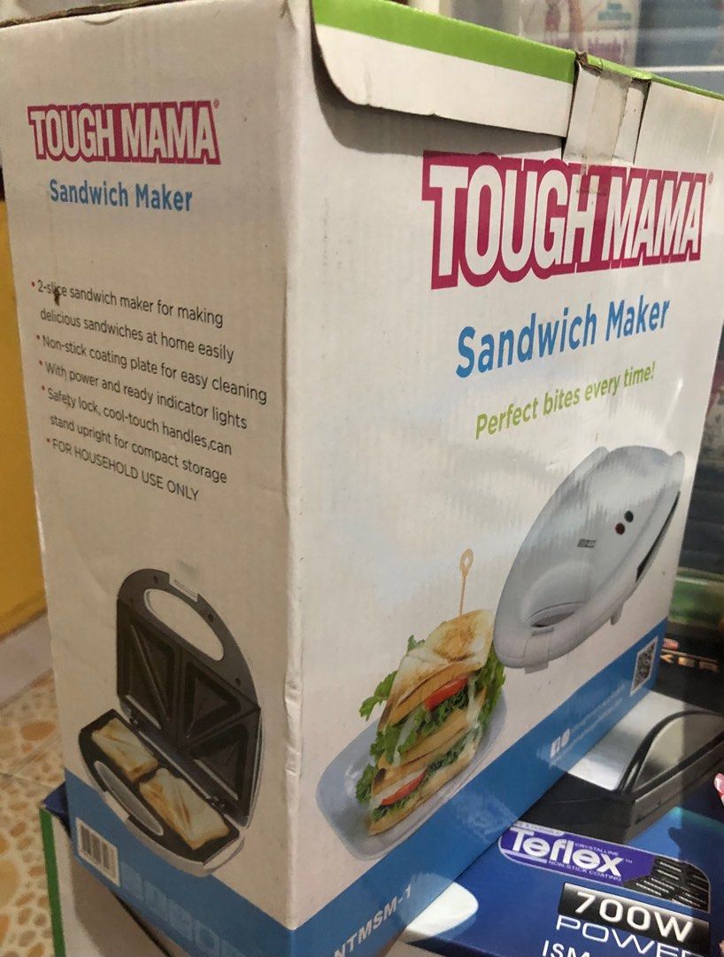 Tough Mama Sandwich Maker (Category: Cookware & Accessories) located in Quezon City. Submitted by polluxfineshop (Listing ID 1338668261, Image 3). Description: Tough Mama Sandwich Maker 2-slice sandwich maker Non-stick coating plate With power and ready indicator lights Safety lock and cool touch handles.