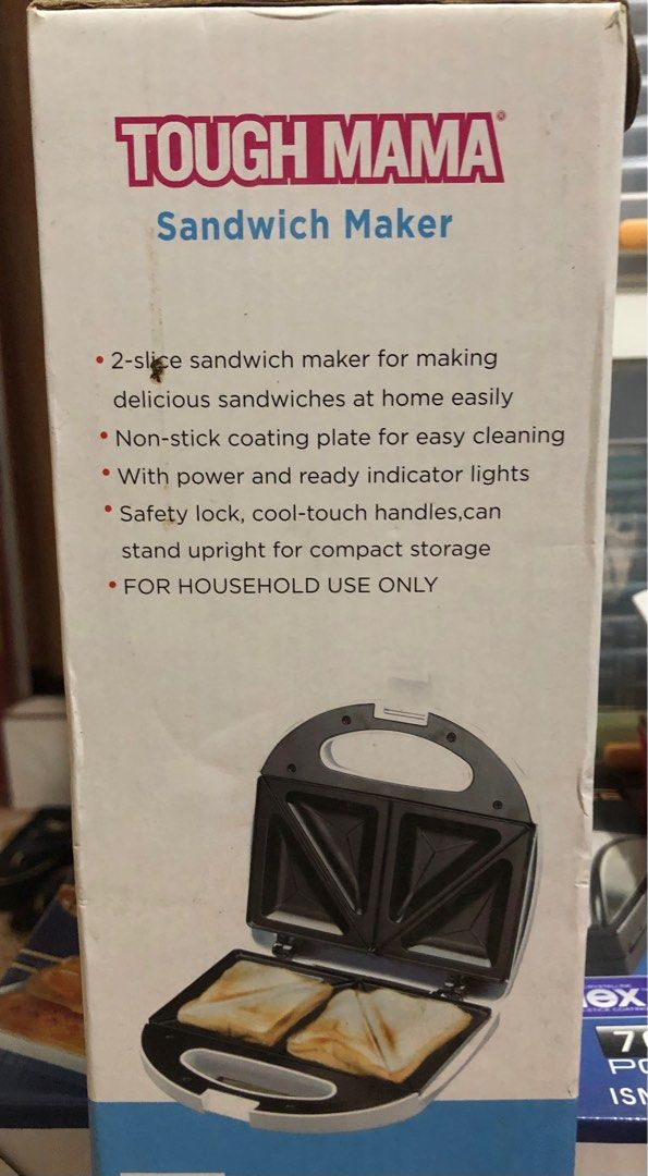 Tough Mama Sandwich Maker (Category: Cookware & Accessories) located in Quezon City. Submitted by polluxfineshop (Listing ID 1338668261, Image 2). Description: Tough Mama Sandwich Maker 2-slice sandwich maker Non-stick coating plate With power and ready indicator lights Safety lock and cool touch handles.