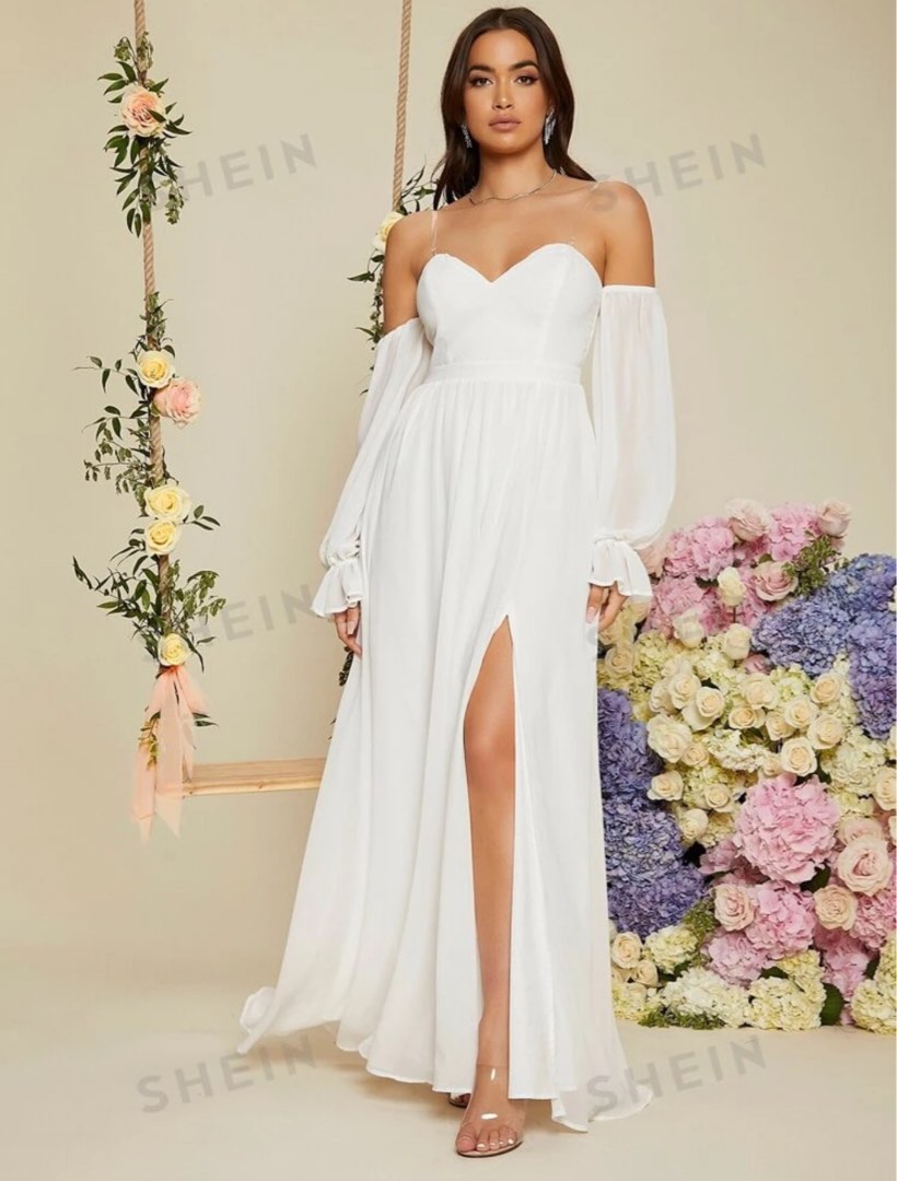 Strapless Off-shoulder Dress For Women Gown Scarf Collar Thigh High Split