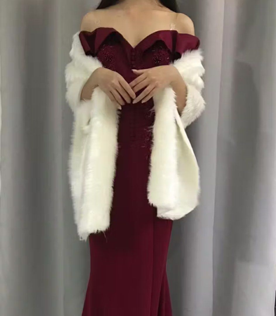 red dress with white fur shawl White Front fur shawl 10x68 inches, Furniture & Home Living, Home  Improvement & Organization, Home Improvement Tools & Accessories on  Carousell