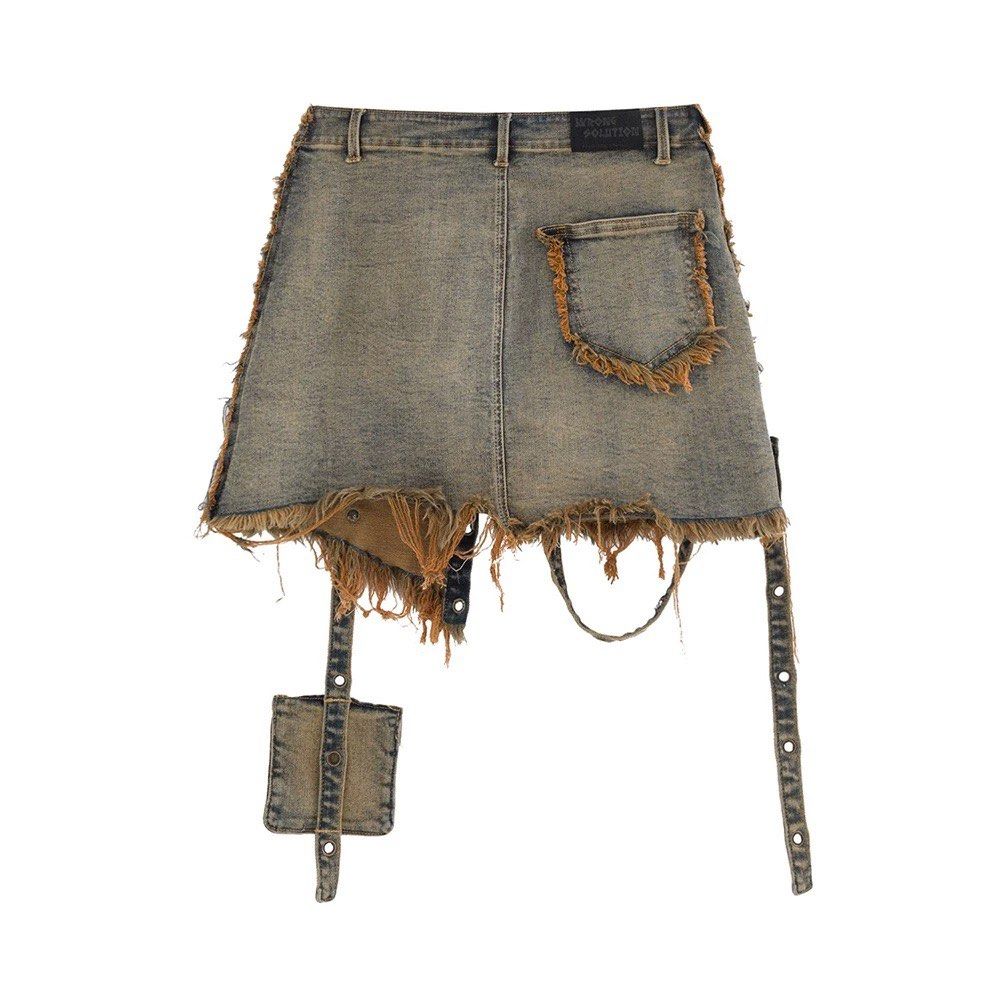 Wrong solution irregular stretchable archive grunge emo punk falling pocket low-rise denim skirt (Category: Skirts) located in Makati City. Submitted by nerv0us (Listing ID 1338794209, Image 2). Description: Waist 78cm, hip 98cm, length 40cm (stretchable) No issues, price is firm/non-negotiable P3-5 for actual material, p6 for when worn.