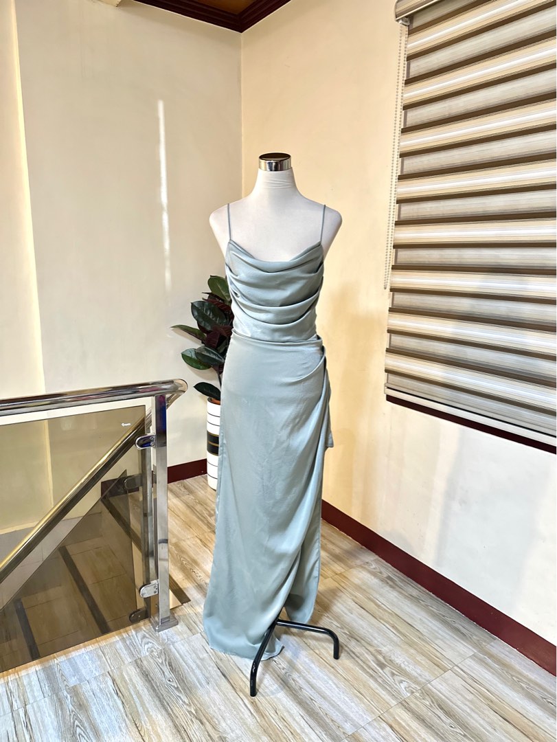 XS-L Elegant Pleated Cowl Neck Silk Satin Long Dress with Slit Sage Green  Silk Dress Sage Green Event Dress Sage Green Formal Dress Light Green Silk  Dress Silver Long Dress, Women's Fashion,