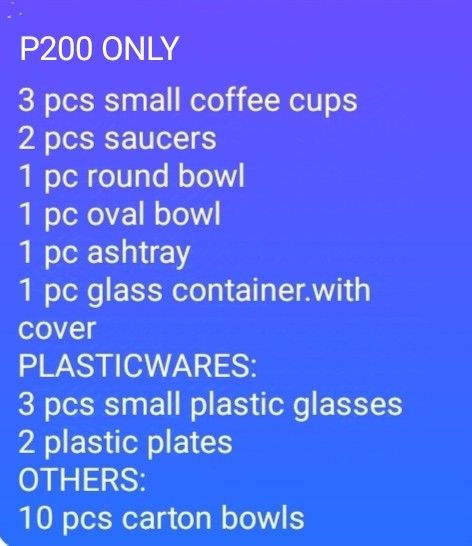 ASSORTED TABLEWARES (Category: Other Kitchenware & Tableware) located in Bacoor. Submitted by gbazaar (Listing ID 1338891347, Image 2). Description: TABLEWARES (ASSORTED) - details attached.... good condition MOP - cod Pickup Bacoor Cavite.