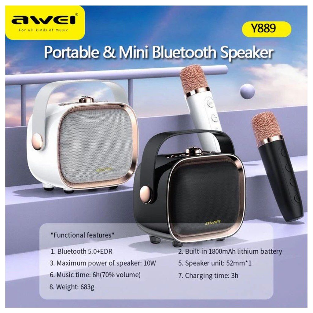 Awei wireless speaker with microphone (Category: Portable Audio Accessories) located in Pasay City. Submitted by .alittleluxury (Listing ID 1338855467, Image 3). Description: Awei wireless speaker with microphone perfect for karaoke night at home ☺️.