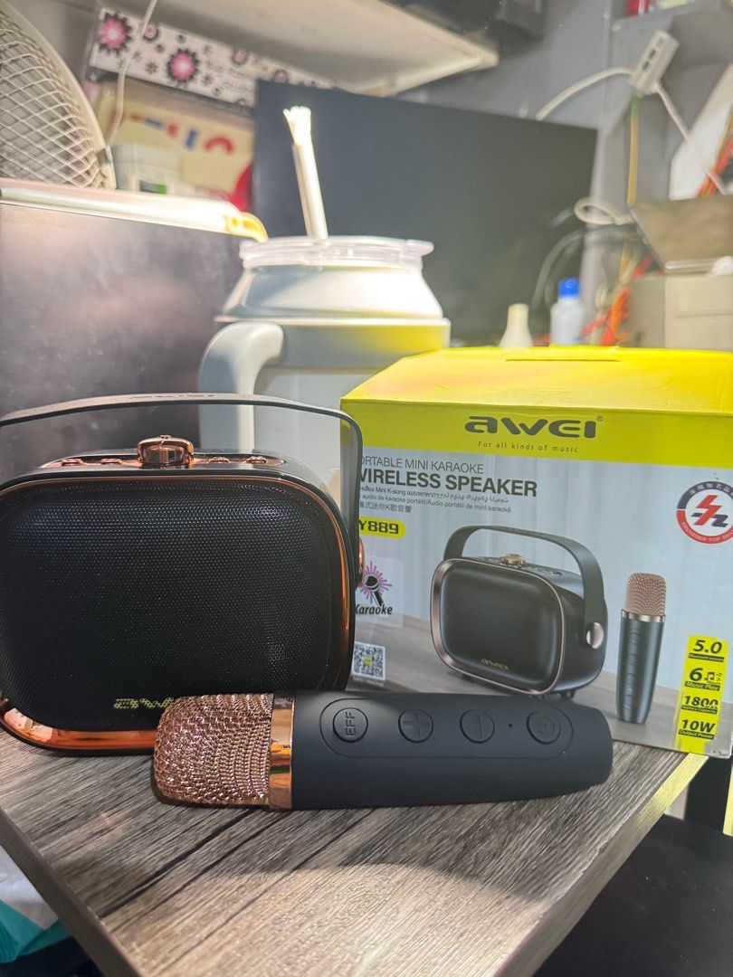 Awei wireless speaker with microphone (Category: Portable Audio Accessories) located in Pasay City. Submitted by .alittleluxury (Listing ID 1338855467, Image 1). Description: Awei wireless speaker with microphone perfect for karaoke night at home ☺️.