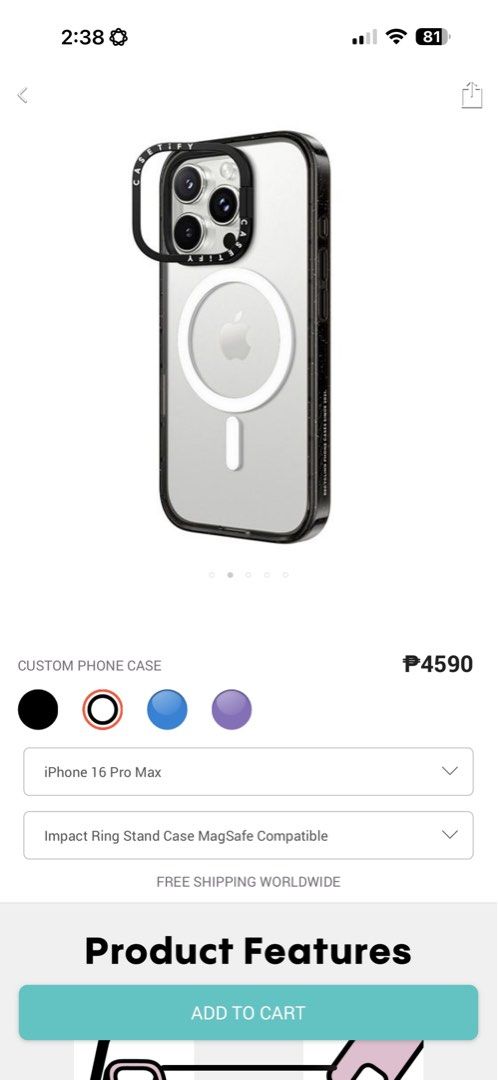 Casetify Impact Ring Stand Case - 16ProMax (ORIG) (Category: Cases & Sleeves) located in Pasig City. Submitted by vince.declutters (Listing ID 1338981364, Image 2). Description: - Original Casetify Impact Ring Stand Case for iPhone 16 ProMax - Same color and model on the sample pictures - lightly used. Like new. Bought this for 4,590. Selling for only 2,000. Rfs: Duplicate order and extra funds.