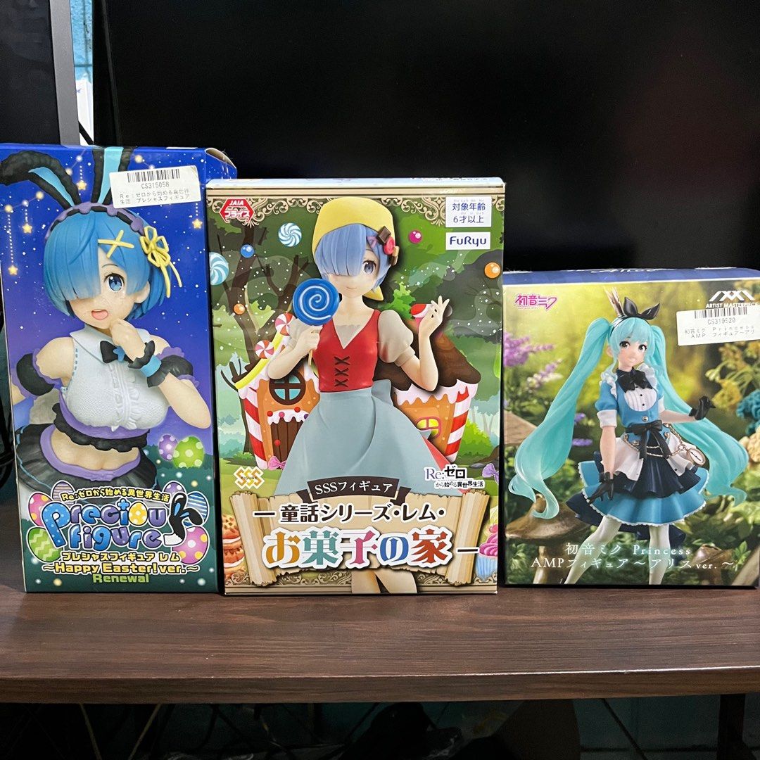 Hatsune Miku & Re:Zero Figurines (Category: Figurines & Statues) located in Pasig City. Submitted by dew_drops_ (Listing ID 1338986909, Image 1). Description: - Hatsune Miku Princess AMP Figure (Alice ver.) - Furyu Re:Zero Starting Life in Another World: Rem Candy House Fairy Tall Series - Rem Re:Zero Starting Life in Another World” Precious Figure Rem ~ Happy Easter! ver. - Can sold separately (pls check other listing for price) - Good as new!! 
