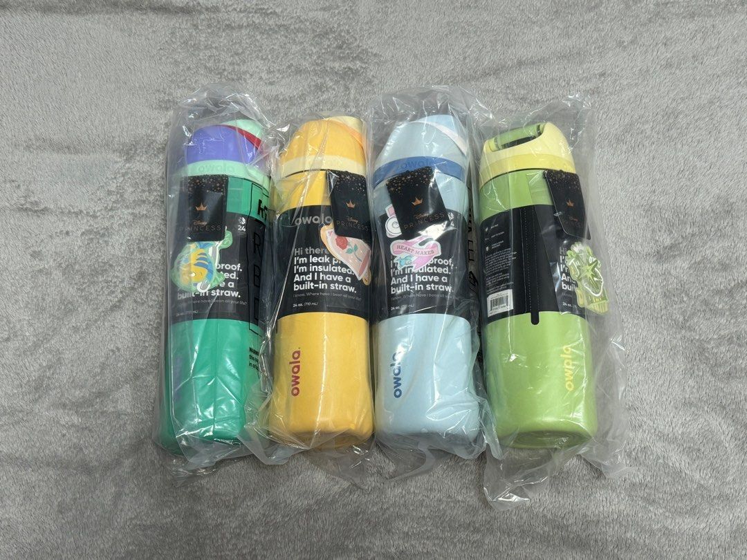 INSTOCK Owala Disney Princess FreeSip 24oz Bottle (Category: Water Bottles & Tumblers) located in Singapore. Submitted by lxmelxve (Listing ID 1338915929, Image 2). Description: Brand new in sealed packaging! Each bottle comes with stickers to decorate. Super cute & great as a gift. FCFS! $69.90 EACH - Cinderella ❌❌ - Belle ❌ - Ariel ❌ - Tiana ❌ - Rapunzel ✅❌❌❌ Self pickup/ +$5 for delivery. NO MEETUP..