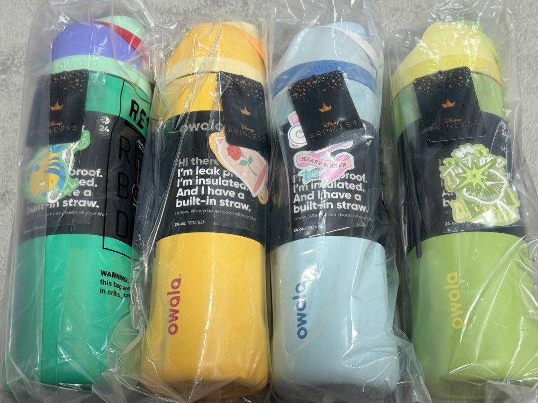 INSTOCK Owala Disney Princess FreeSip 24oz Bottle (Category: Water Bottles & Tumblers) located in Singapore. Submitted by lxmelxve (Listing ID 1338915929, Image 3). Description: Brand new in sealed packaging! Each bottle comes with stickers to decorate. Super cute & great as a gift. FCFS! $69.90 EACH - Cinderella ❌❌ - Belle ❌ - Ariel ❌ - Tiana ❌ - Rapunzel ✅❌❌❌ Self pickup/ +$5 for delivery. NO MEETUP..