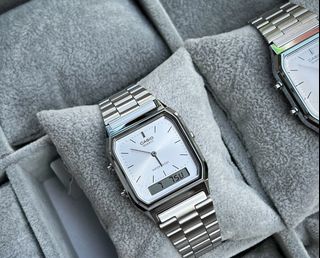 Montres Company 香港註冊公司(32年老店) 卡西歐 CASIO 不鏽鋼錶帶 不鏽鋼 細錶徑 AQ230 AQ230A AQ-230 AQ-230A AQ-230A-7 AQ-230A-7A 復古風 銀白色 條字 十二款色有現貨64220736693249110