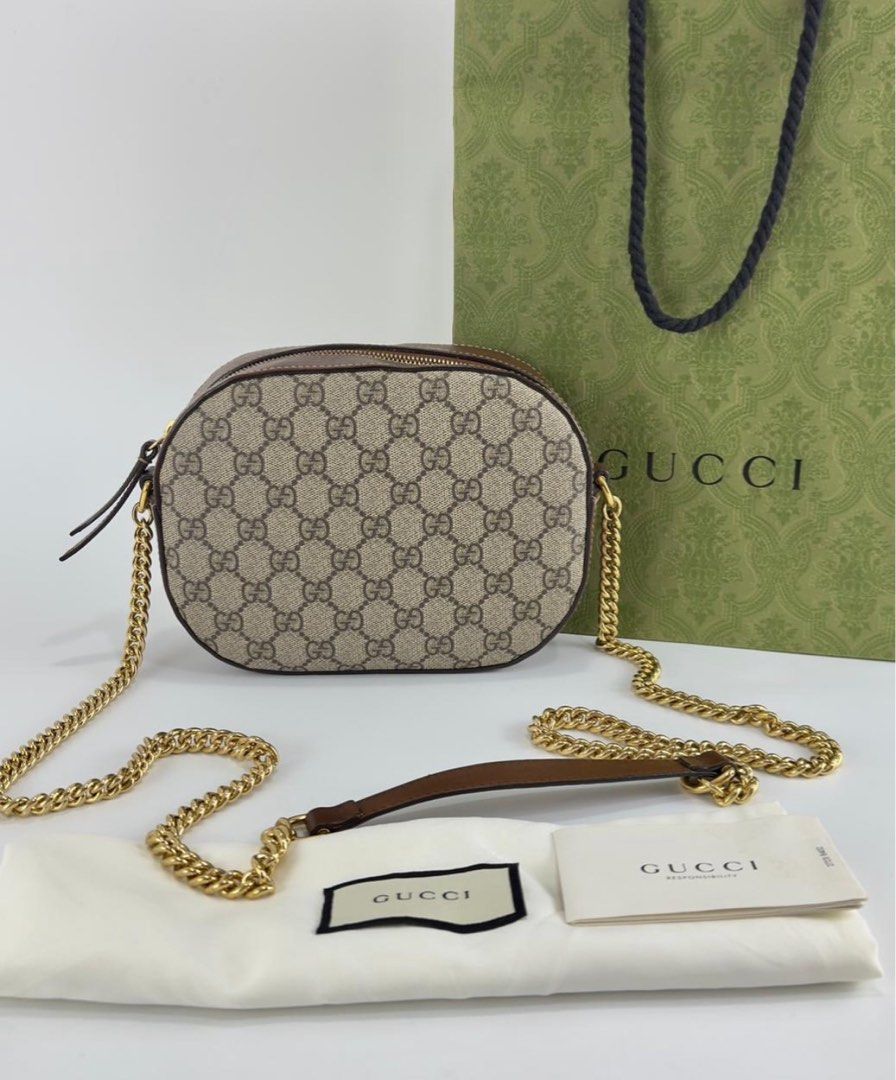 Authentic Gucci GG Supreme Mini Chain Crossbody Bag In Beige
