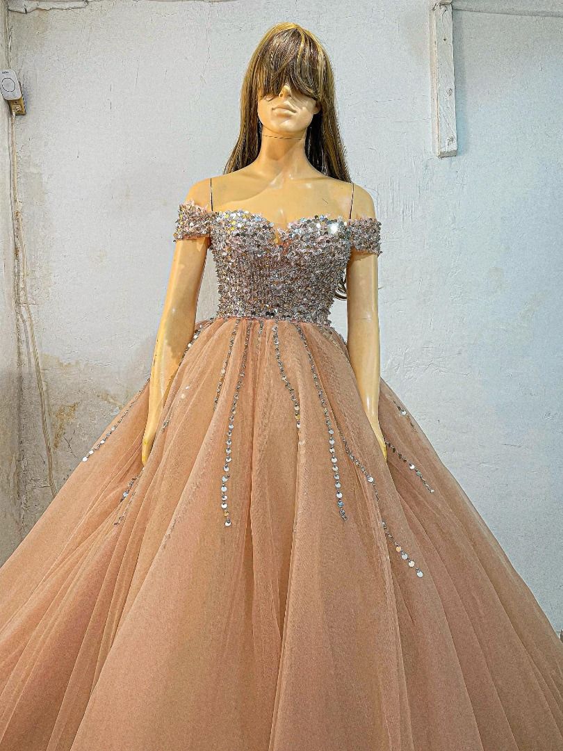FOR RENT OFF SHOULDER SEQUENCE TULLE LONG GOWN COLOR CHAMPAGNE Women s Fashion Dresses Sets Evening dresses gowns on Carousell