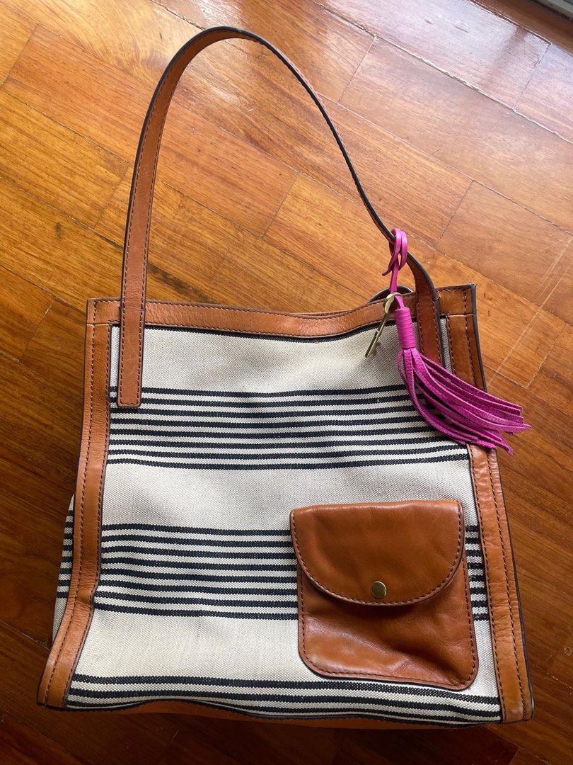 Fossil leather canvas tote bag