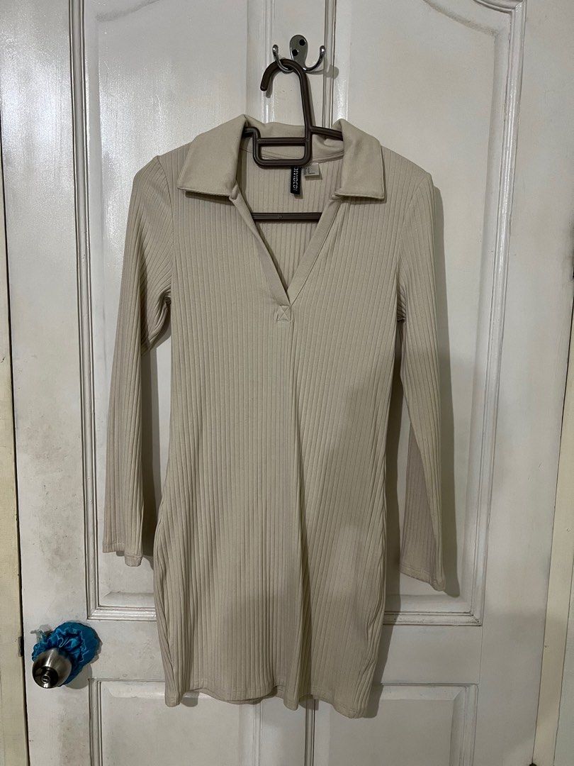 H&m rib knit longsleeve dress in cream, Women's Fashion, Dresses & Sets,  Dresses on Carousell