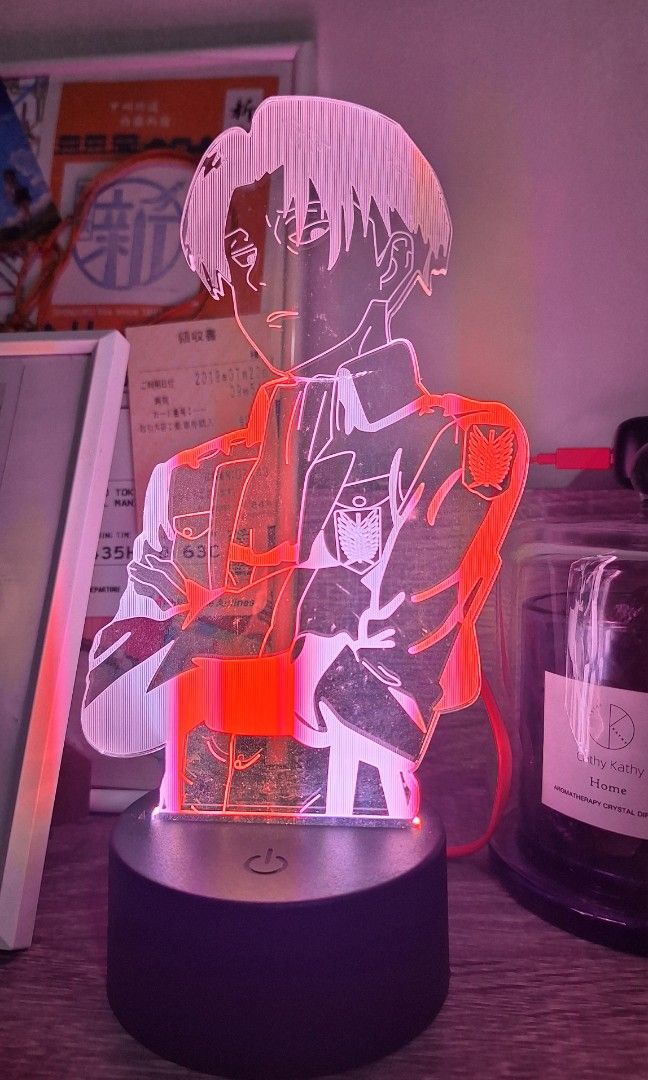 Levi Ackerman Acrylic Lamp (Category: Lighting) located in Manila. Submitted by tinypluto (Listing ID 1334349851, Image 2). Description: Decluttering! The lamp is micro usb powered (no chord included though!) It also has different light colors and modes. • Payment first via Gcash or BPI before shipping out. • Shipping via Grab, Lalamove, JnT only; SF to be shouldered by buyer. :).