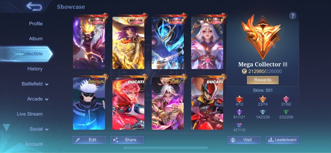 ML ACCOUNT MEGA COLLECTOR (Category: Game Gift Cards & Accounts) located in Malabon City. Submitted by heyatenicole (Listing ID 1334293878, Image 2). Description: .