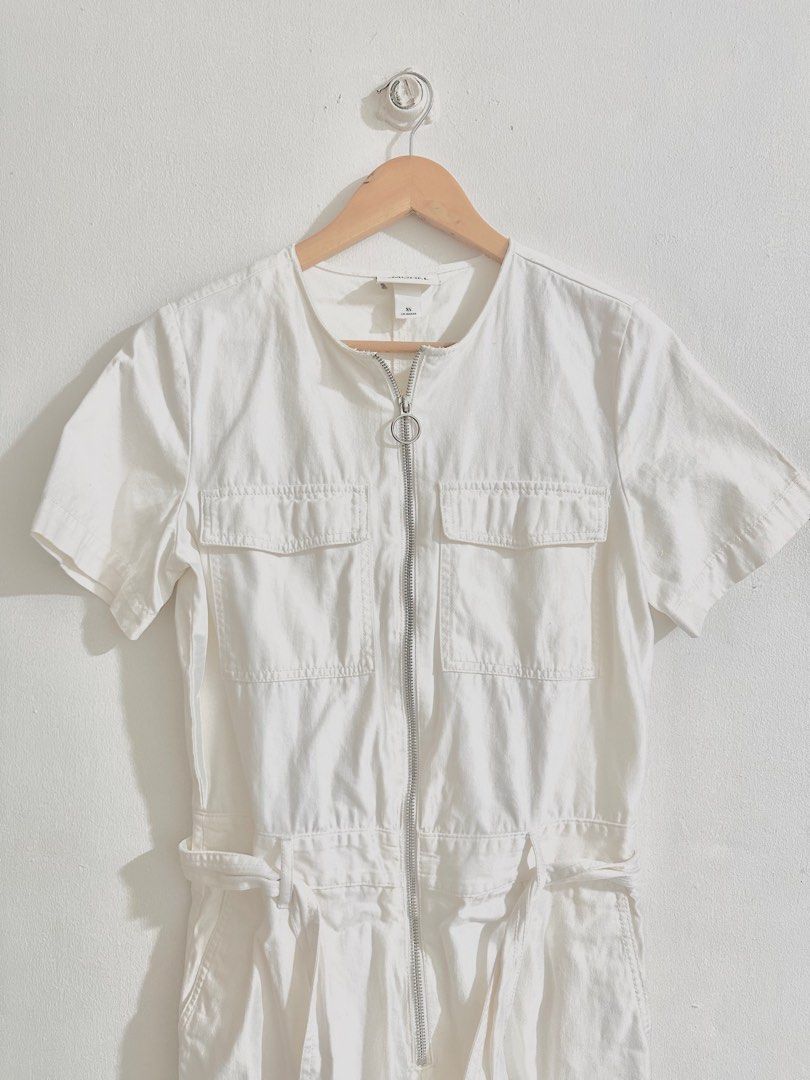 Monki short sleeved white denim jumpsuit Women s Fashion Dresses Sets Jumpsuits on Carousell