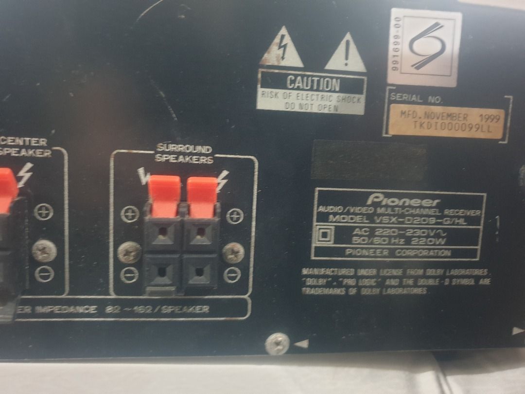 Pioneer Receiver Amplifier audiphile vintage (Category: Soundbars, Speakers & Amplifiers) located in Manila. Submitted by jake.jake6 (Listing ID 1334366129, Image 3). Description: Pionee4 VSX D209 Tuning range: FM, MW Power output: 80 watts per channel 8Ω (stereo) Surround output: 80W (front), 80W (center), 80W (rear) Frequency response: 5Hz to 100kHz Total harmonic distortion: 0.9% Input sensitivity: 200mV (line) Signal to noise ratio: 96dB (lin
