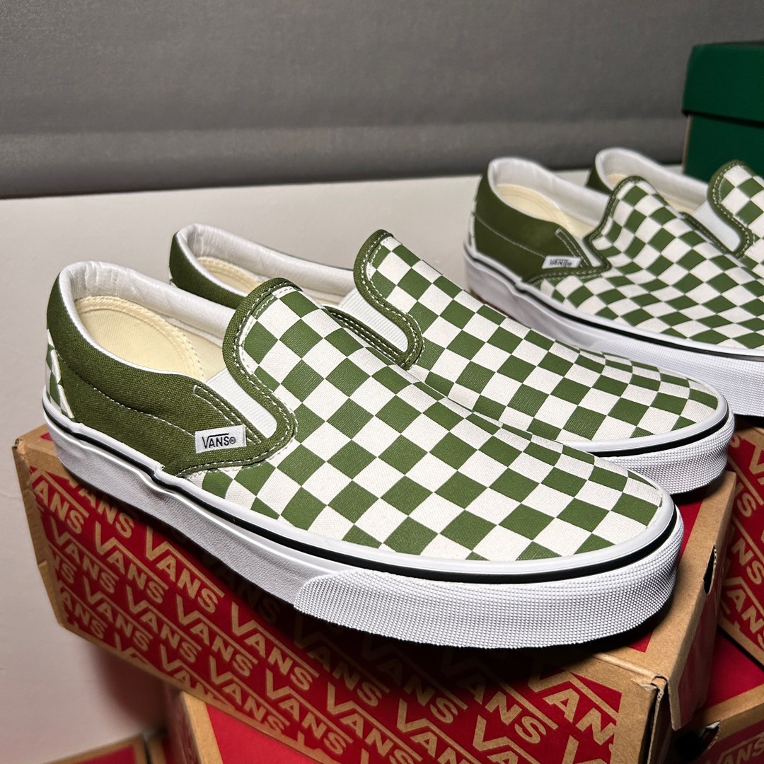Green checkered slip on vans online