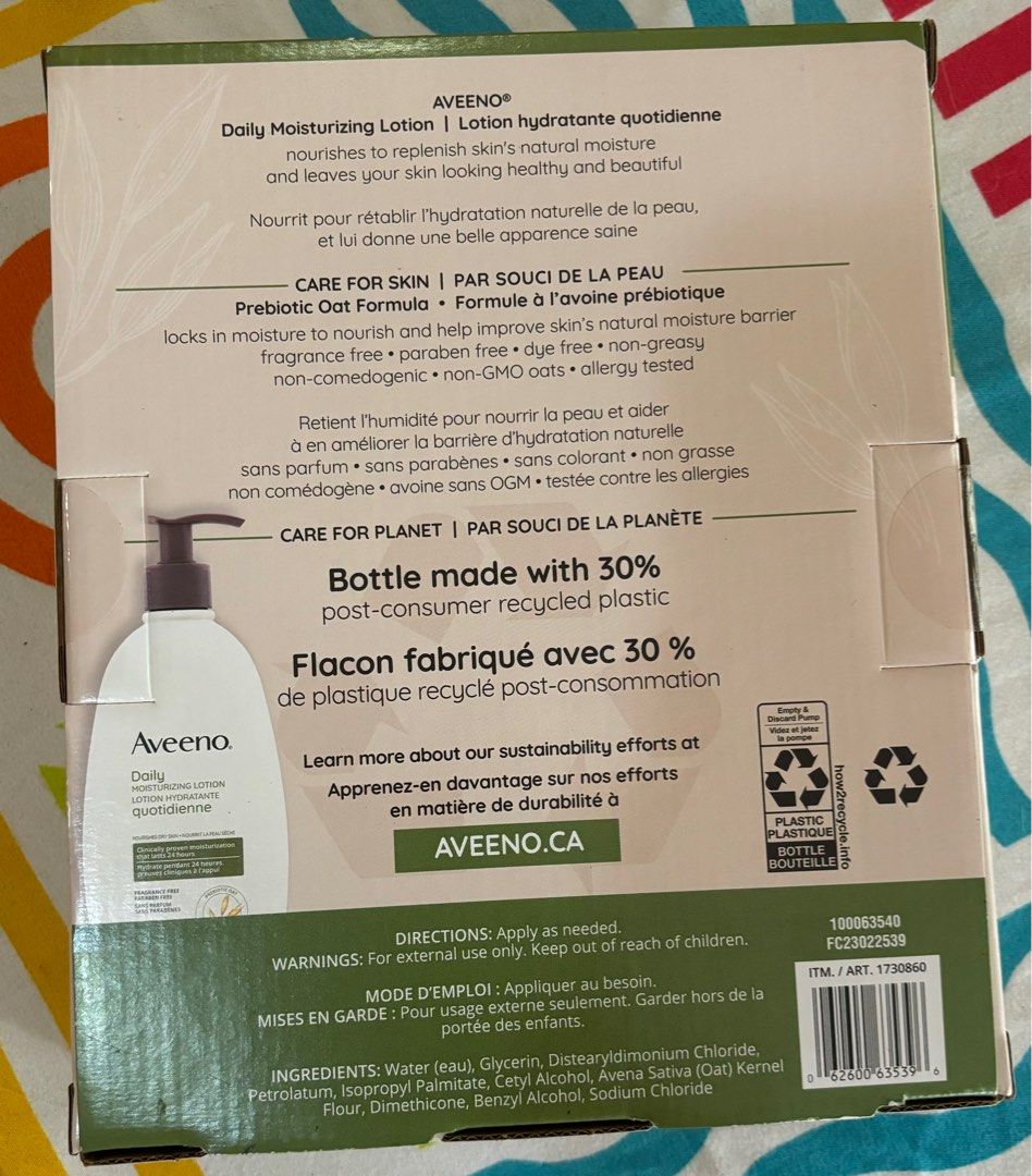 Aveeno Daily Moisturizing Lotion (Category: Body Care) located in Las Pinas. Submitted by ringringms (Listing ID 1339062626, Image 2). Description: 100% Original from Canada Twin pack 710ml each Clinically proven moisturization for 24 hours SF to be shouldered by buyer.