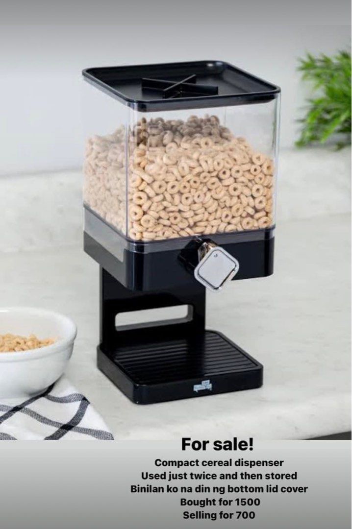 Cereal dispenser (Category: Food Organization & Storage) located in Quezon City. Submitted by ccr26 (Listing ID 1339103187, Image 1). Description: Bought for 1500. Twice used. Very good condition .