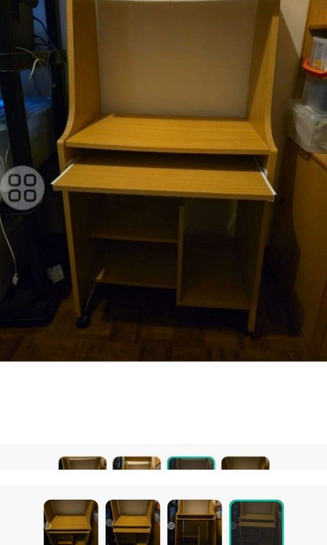 Computer table (Category: Office & Business Technology) located in Singapore. Submitted by drmiketeng (Listing ID 1339107108, Image 3). Description: Solid Wood computer desk . Bookshelf combined bookcase. Home desk with Bookshelf pine Children 's study desk.