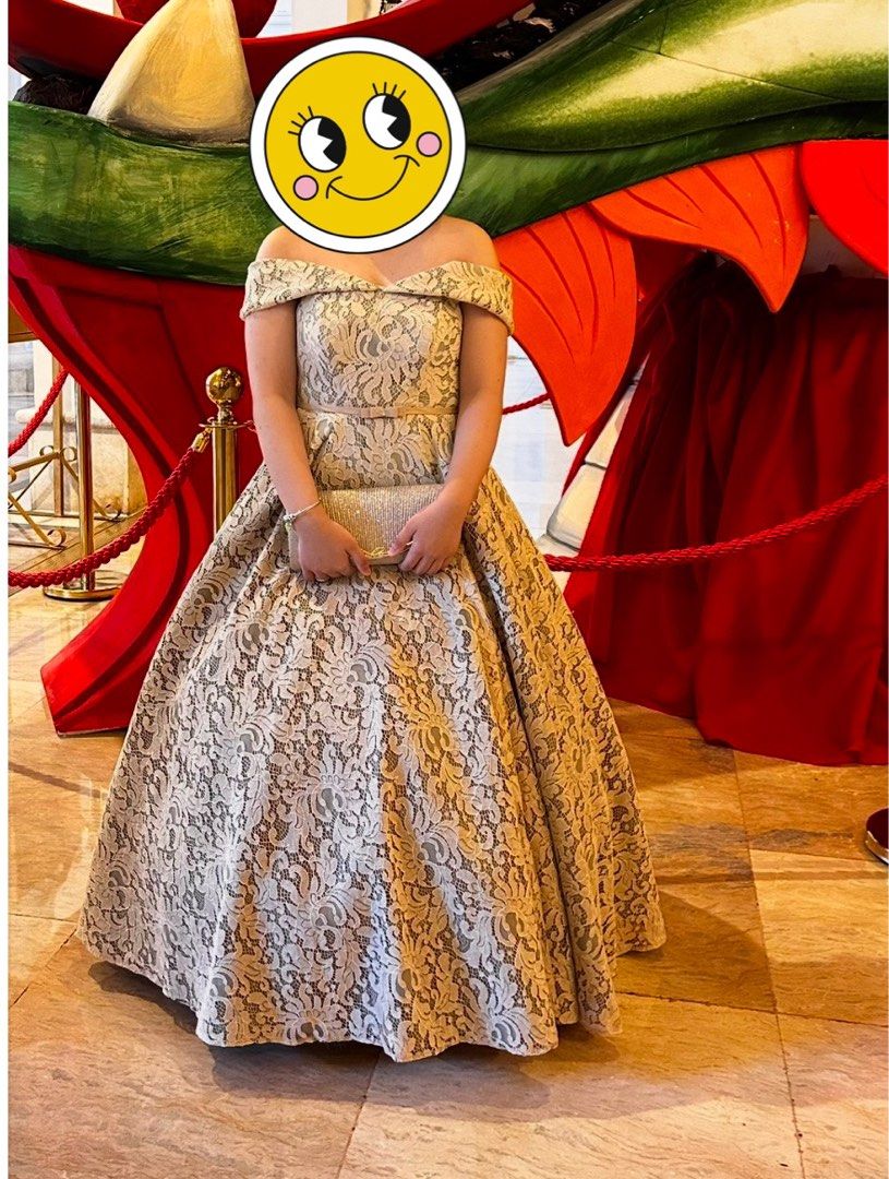 Lace Prom gown (Category: Evening dresses & gowns) located in Makati City. Submitted by essence_drop (Listing ID 1339068385, Image 1). Description: Material: Lace Adjustable sa likod. Size: Fits small to medium Height of wearer is 4'11" Used only once. Petticoat not included. MOP: Gcash/Maya Delivery to be shouldered by buyer. .