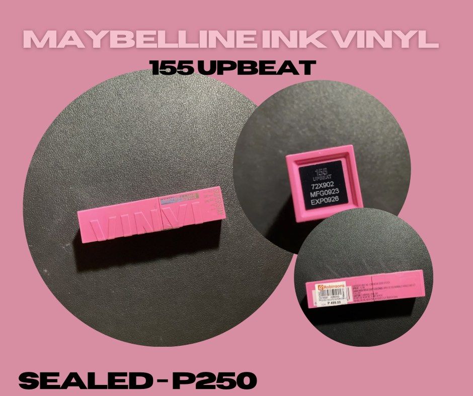 Maybelline Vinyl in 155 Upbeat (Category: Makeup) located in Manila. Submitted by enndrelithe (Listing ID 1339142775, Image 1). Description: Hello, selling my maybelline vinyl in upbeat for only P150! orig price is P499 (see pic) MOD: Jnt, LBC, any same day MOP: Gcash, COD (LBC).