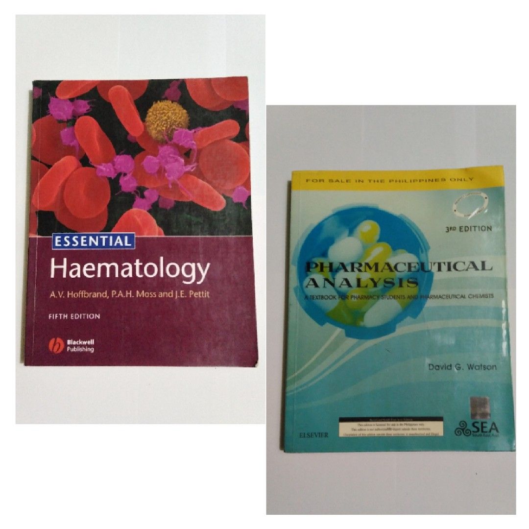 Pharmacy Book & Haematology Book (read description below) (Category: Textbooks) located in San Antonio. Submitted by croozy (Listing ID 1339096579, Image 1). Description: Pharmacy Books for only 180 pesos each! Location: Nueva Ecija 💊 Essential Haematology 5th Edition by A. V. Hoffbrand, P. A. H. Moss & J. E. Pettit 💊 Pharmaceutical Analysis: A Textbook for Pharmacy Students and Pharmaceutical Chemists 3rd Edition by David G. Watson Expect sign