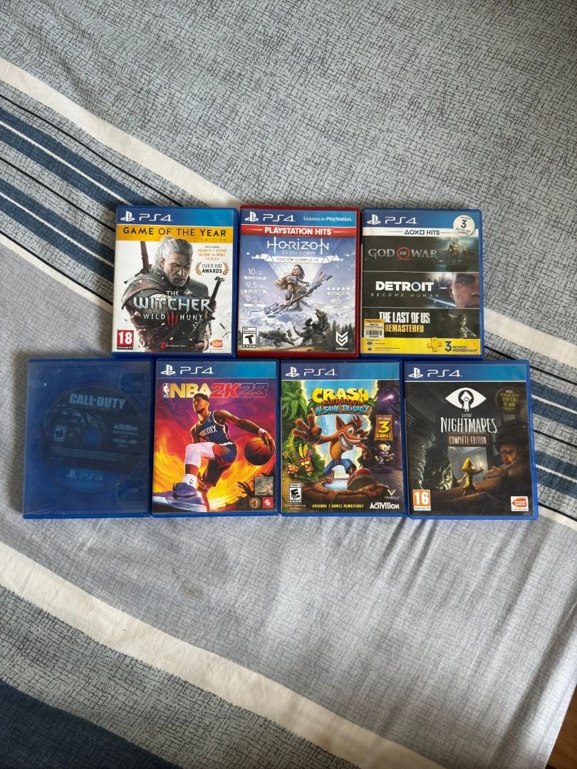 PS4 Games Bundle 8 CDs (Take All or buy per CD) (Category: PlayStation) located in Pasig City. Submitted by robbiseraphin (Listing ID 1339114571, Image 2). Description: Take all 8 CD's for 3k. Individual prices: 1. God of War + Detroit Become Human bundle - 800 php 2. Horizon Zero Dawn - 500 php 3. The Witcher 3 Wild Hunt: Game of the Year Edition - 500 php 4. NBA 2k23 - 500 php 5. Crash Bandicoot N-Sane Trilogy - 400 php 6. Little Nightmares: Co